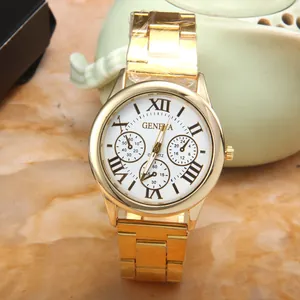 Geneva gold stainless steel watch with white roman numeral dial on marble background