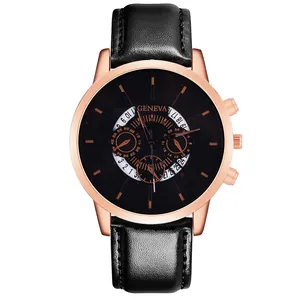 Detailed view of the black leather watch strap with fine lychee texture on business watch