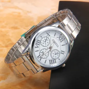 Elegant Geneva silver stainless steel watch with Roman numeral dial on marble background