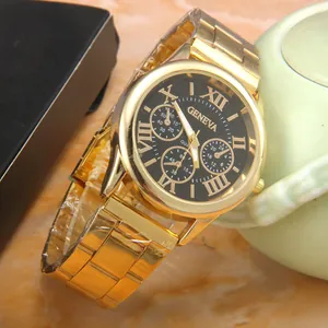 Classic gold Geneva quartz watch with Roman numerals and black dial on marble background