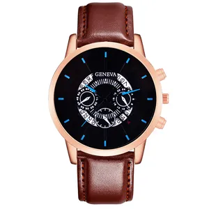 Detail of Geneva quartz watch with rose gold case, black dial and brown leather strap