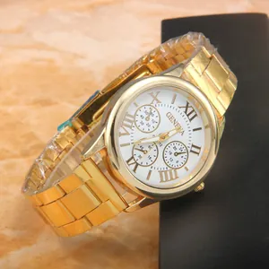 Classic Geneva men's quartz watch in polished gold stainless steel with Roman numerals