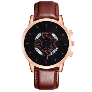 Detail of Geneva business watch showing black dial with rose gold case and brown leather strap