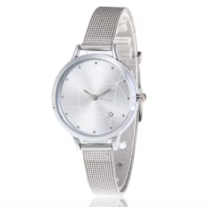Women Quartz Watch Mesh Band Minimalist Geometric Dial Simple Round Analog Wristwatch Star Decorative Fashion Jewelry Watch