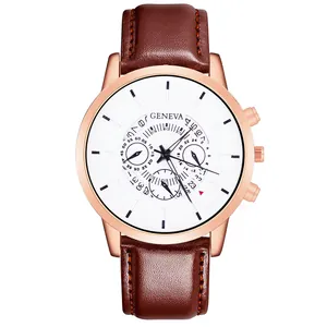 Detailed close-up of Geneva men's business quartz watch with brown leather strap and rose gold case