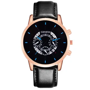 Detail of Geneva watch with black leather strap and rose gold case with blue markers