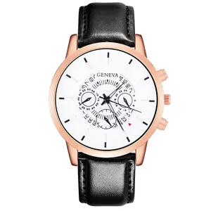 Macro detail of men's business quartz watch with rose gold case and black leather strap