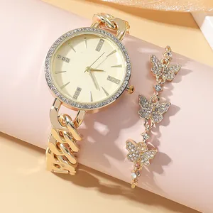 Women's Fashion Gold Watch And Butterfly Bracelet Set Rhinestone Bezel Quartz Movement Cuban Chain Strap Jewelry Set