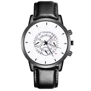 Close-up of Geneva men's business quartz watch with white dial and black leather strap