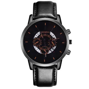 Detail of Geneva quartz watch with black textured leather strap and dark metal case
