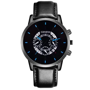 Detail of Geneva black leather watch with blue indices and triple-subdial display