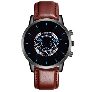 Detailed close-up of Geneva men's watch with brown leather strap and orange stitching