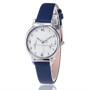 Detailed view of women's watch featuring a white dial with a heartbeat line and blue leather strap