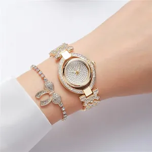 Luxuriöses Gold-Quarzuhr-Set mit Strasssteinen und Armband mit Schleifenanhänger