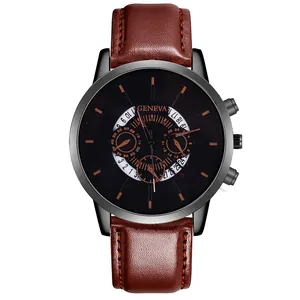Detailed macro view of black metal watch case with brown leather strap and fine stitching