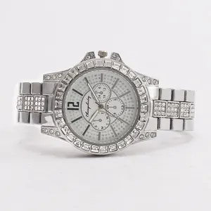 Silver fashion quartz watch for women with sparkling rhinestones and white sub-dials