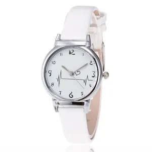 Close-up of white quartz watch with heartbeat dial and polished silver metal case