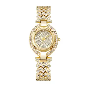 Luxuriöse goldene Quarzuhr für Damen mit vollem Diamantbesatz und geometrischem V-Armband