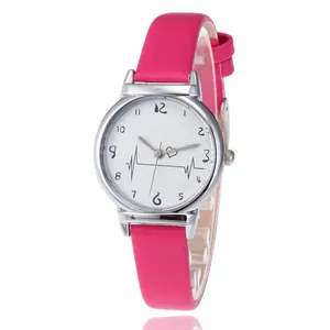 Detail of rose red leather watch strap and white dial with ECG heart pattern