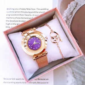Coffret cadeau montre femme or rose et bracelet cœur avec cadran violet et strass