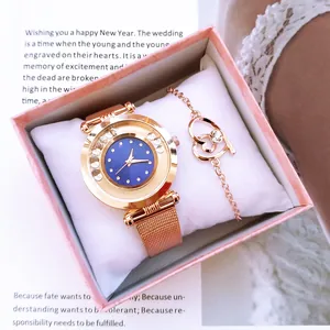 Coffret montre pour femme or rose avec bracelet en cœur et strass, boîte cadeau rose