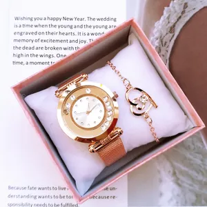Montre à Quartz de Mode pour Femmes Bracelet Or Rose Alliage Maille Strass Perles Flottantes Pendentif Coeur Bijoux Cadeau