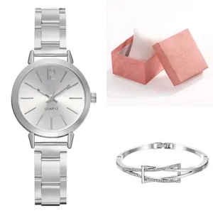 Women Quartz Watch Minimalist Slim Steel Band Pointer Display Alloy Round Dial Fashion Casual Ladies Wristwatch Jewelry Bracelet Gift Box