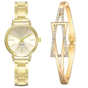 Elegant gold quartz watch with slim metal strap and matching geometric bracelet set