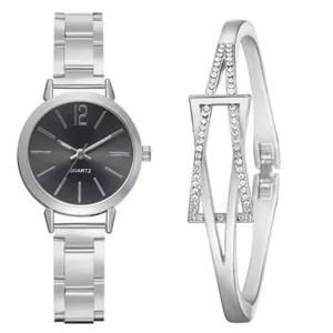 Women's minimalist silver quartz watch with grey sunray dial and rhinestone bangle set