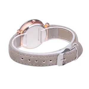 Detail view of rose gold quartz watch with grey matte suede strap and buckle clasp