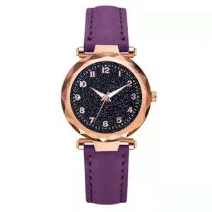 Elegant purple star dial quartz watch with frosted leather strap and rose gold faceted case