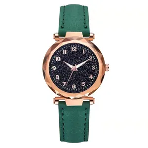 Women's quartz watch with dark green suede strap and starry sky dial in rose gold case