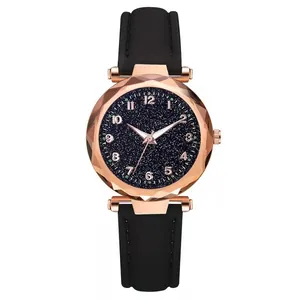 Elegant starry dial watch for women with rose gold case and black leather strap