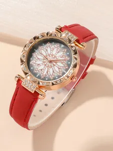 Orologio donna al quarzo lusso con cinturino rosso e quadrante floreale scintillante