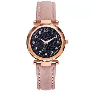 Women's quartz watch with starry sky dial, rose gold diamond-cut case and pink strap