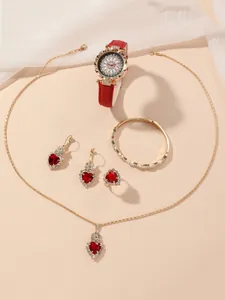 Set lussuoso orologio rosso e oro con collana a cuore, bracciale e anello coordinati