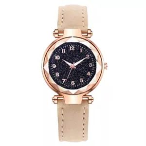 Women's starry sky quartz watch with beige leather strap and rose gold numeral case