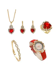Set gioielli donna 6 pezzi con gemme cuore rosso e orologio al quarzo dorato elegante
