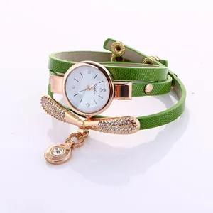 Women's dragonfly quartz watch with green snakeskin leather wrap bracelet and rhinestones