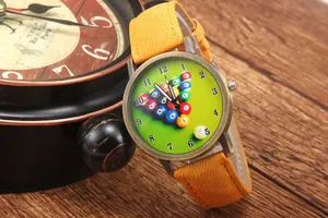 Macro detail of billiard themed watch with green dial and bronze vintage metal case