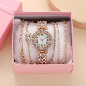 Luxury rhinestone women's gold quartz watch and 4-piece bracelet set in a gift box