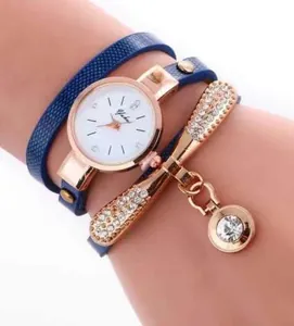 Navy blue multi-layer leather wrap watch for women with rose gold rhinestone dragonfly charms