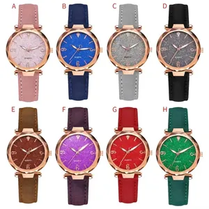 Women's quartz watch set with starry sky dial and glitter leather strap in 8 colors