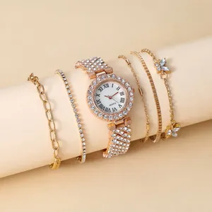Luxury Women Quartz Watch And Bracelet Gift Set Rose Gold Alloy Rhinestone Butterfly Jewelry For Party Wedding Anniversary Gift