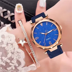 Detailed close-up of a women's quartz watch and sparkling rhinestone star bracelet set