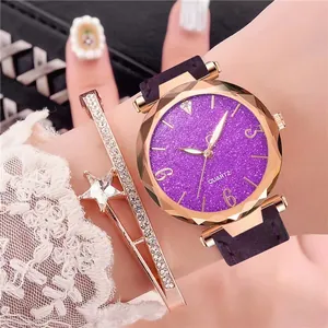 Women's rose gold watch set with purple starry dial and star bracelet jewelry