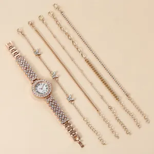 Luxury rose gold women watch set with quartz movement and five sparkling diamond bracelets