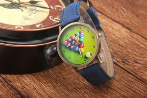 Detail of vintage bronze watch with green billiard dial and blue denim strap