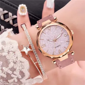Women Quartz Watch Starry Sky Dial Faux Leather Strap Elegant Rose Gold Wristwatch With Pentagram Star Bracelet Set