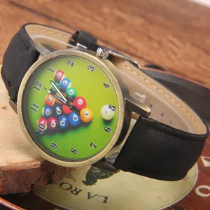 Vintage bronze quartz watch with creative billiards theme dial and black leather strap